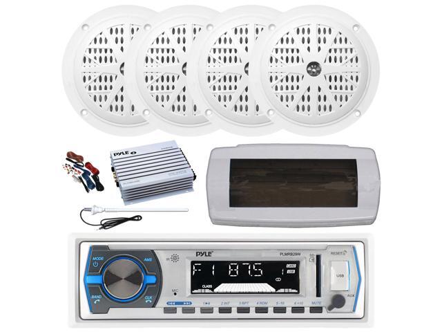 Pyle PLMRB29W Single DIN Bluetooth Marine MP3 AM/FM Stereo Receiver with White Cover, Long Range Antenna, Amplifier w/Kit, 4x 4'' 100 Watt Peak...