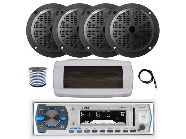 Pyle PLMRB29W Single DIN Bluetooth Marine MP3 AM/FM Stereo Receiver with White Cover, 22' Radio Antenna, Wire, 4x 5.25'' 100 Watt Peak Full Range...