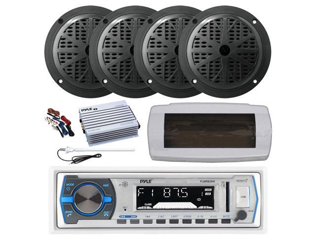 Pyle PLMRB29W Single DIN Bluetooth Marine MP3 AM/FM Stereo Receiver, White Cover, Long Range Antenna, Amplifier w/Kit, 4x 5.25'' 100 Watt Peak Full...