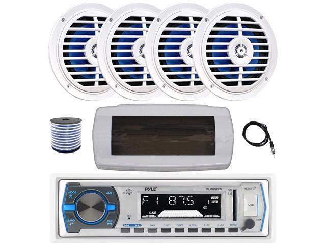 Pyle PLMRB29W Single DIN Bluetooth Marine MP3 AM/FM Stereo Receiver with White Cover, 22' Radio Antenna, Wire, 4x 5.25'' 100 Watt Peak Full Range...