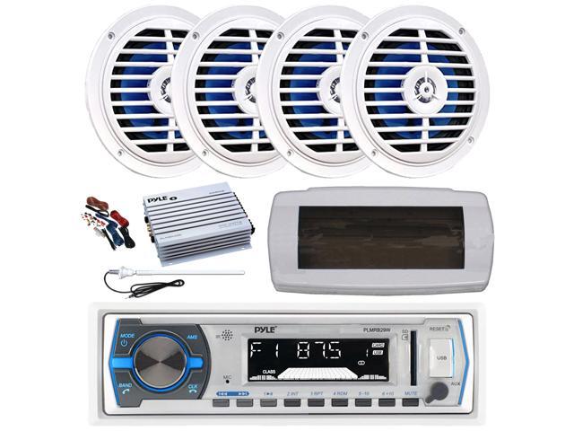 Pyle PLMRB29W Single DIN Bluetooth Marine MP3 AM/FM Stereo Receiver, White Cover, Long Range Antenna, Amplifier w/Kit, 4x 5.25'' 100 Watt Peak Full...