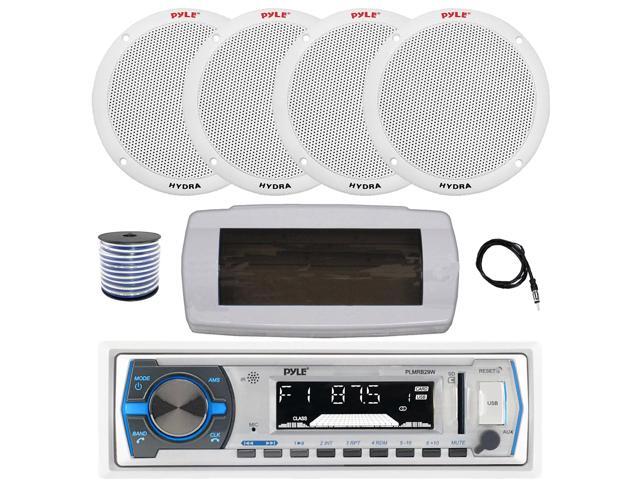 Pyle PLMRB29W Single DIN Bluetooth Marine MP3 AM/FM Stereo Receiver with White Cover, 22' Radio Antenna, Wire, 4x 6.5'' 400W Peak 2-Way Full Range...
