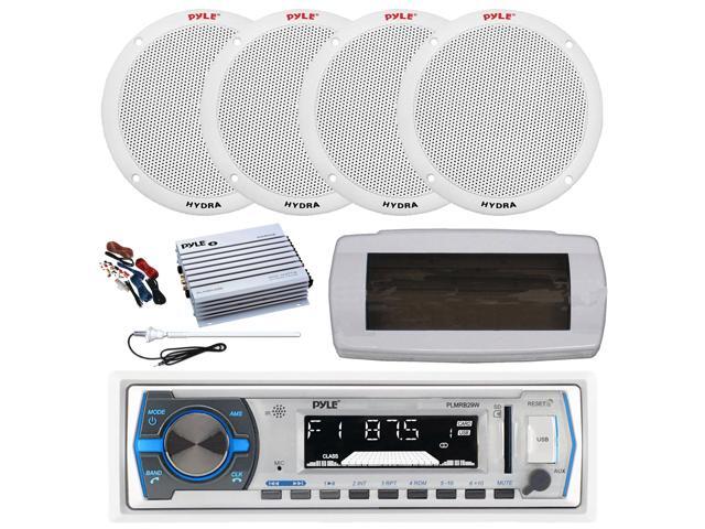 Pyle PLMRB29W Single DIN Bluetooth Marine MP3 AM/FM Stereo Receiver, White Cover, Long Range Antenna, Amplifier w/Kit, 4x 6.5'' 400W Peak 2-Way...