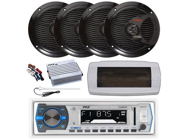 Pyle PLMRB29W Single DIN Bluetooth Marine MP3 AM/FM Stereo Receiver with White Cover, Long Range Antenna, Amplifier w/Kit, 4x 6.5' 150 Watt Max...