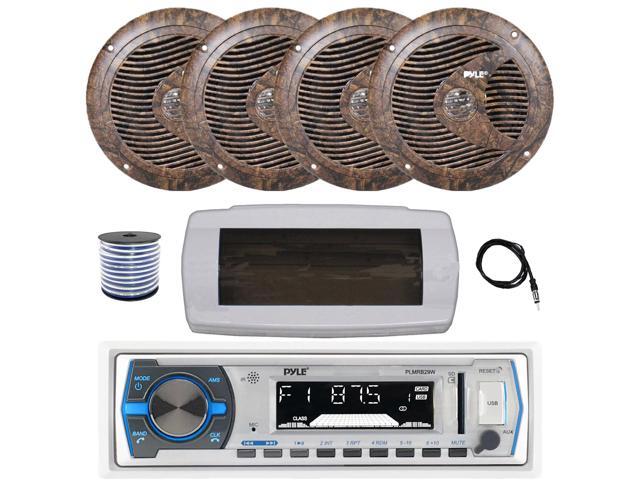Pyle PLMRB29W Single DIN Bluetooth Marine MP3 AM/FM Stereo Receiver with White Cover, 22' Radio Antenna, Wire, 4x 6.5' 150 Watt Max Full Range Dual...