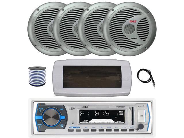 Pyle PLMRB29W Single DIN Bluetooth Marine MP3 AM/FM Stereo Receiver with White Cover, 22' Radio Antenna, Wire, 4x 6.5' 150 Watt Max Full Range Dual...