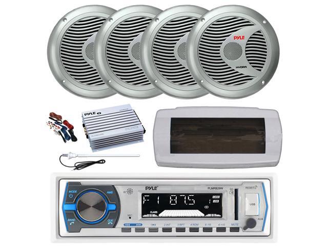 Pyle PLMRB29W Single DIN Bluetooth Marine MP3 AM/FM Stereo Receiver with White Cover, Long Range Antenna, Amplifier w/Kit, 4x 6.5' 150 Watt Max...