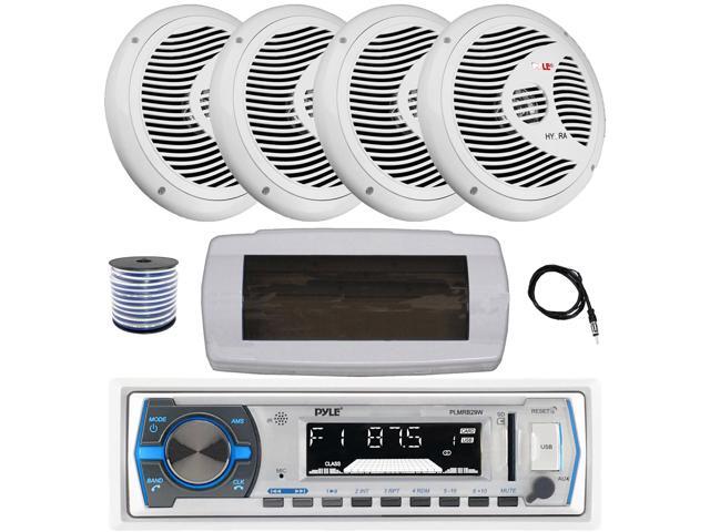 Pyle PLMRB29W Single DIN Bluetooth Marine MP3 AM/FM Stereo Receiver with White Cover, 22' Radio Antenna, Wire, 4x 6.5' 150 Watt Max Full Range Dual...