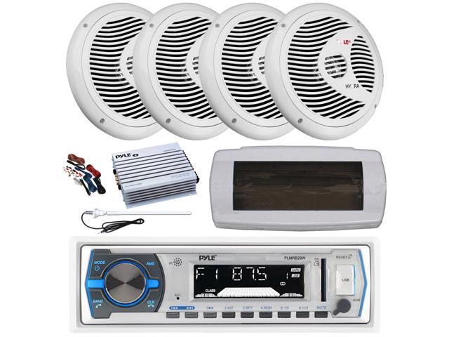 Pyle PLMRB29W Single DIN Bluetooth Marine MP3 AM/FM Stereo Receiver with White Cover, Long Range Antenna, Amplifier w/Kit, 4x 6.5' 150 Watt Max...