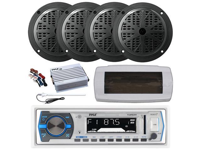 Pyle PLMRB29W Single DIN Bluetooth Marine MP3 AM/FM Stereo Receiver with White Cover, Long Range Antenna, Amplifier w/Kit, 4x 6.5' 120 Watt Max...