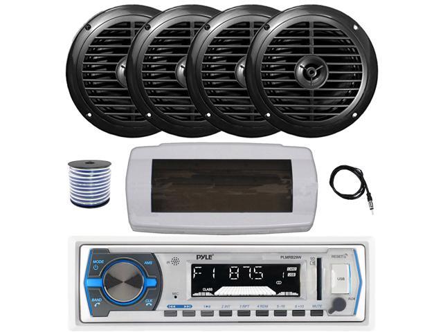 Pyle PLMRB29W Single DIN Bluetooth Marine MP3 AM/FM Stereo Receiver with White Cover, 22' Radio Antenna, Wire, 4x 6.5' 120 Watt Peak Full Range...