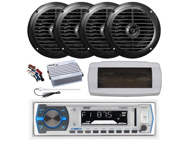 Pyle PLMRB29W Single DIN Bluetooth Marine MP3 AM/FM Stereo Receiver with White Cover, Long Range Antenna, Amplifier w/Kit, 4x 6.5' 120 Watt Peak...