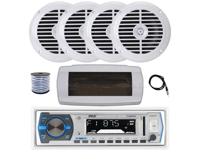Pyle PLMRB29W Single DIN Bluetooth Marine MP3 AM/FM Stereo Receiver with White Cover, 22' Radio Antenna, Wire, 4x 6.5' 120 Watt Peak Full Range...