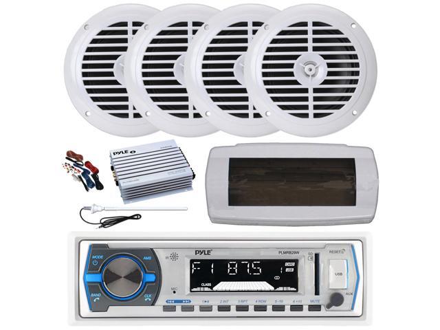 Pyle PLMRB29W Single DIN Bluetooth Marine MP3 AM/FM Stereo Receiver with White Cover, Long Range Antenna, Amplifier w/Kit, 4x 6.5' 120 Watt Peak...