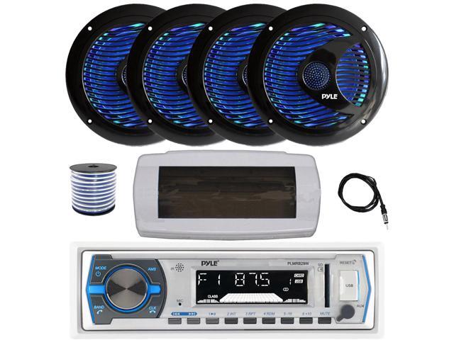 Pyle PLMRB29W Single DIN Bluetooth Marine MP3 AM/FM Stereo Receiver with White Cover, 22' Radio Antenna, Wire, 4x 6.5'' 150 Watt Max Dual Cone...