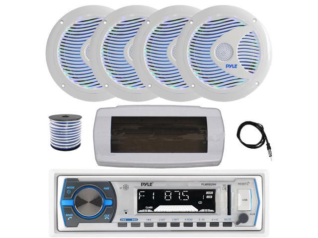 Pyle PLMRB29W Single DIN Bluetooth Marine MP3 AM/FM Stereo Receiver with White Cover, 22' Radio Antenna, Wire, 4x 6.5'' 150 Watt Max Dual Cone...
