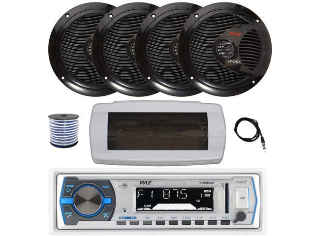 Pyle PLMRB29W Single DIN Bluetooth Marine MP3 AM/FM Stereo Receiver with White Cover, 22' Radio Antenna, Wire, 4x 8'' 180 Watt Max Full Range Dual...