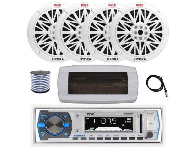 Pyle PLMRB29W Single DIN Bluetooth Marine MP3 AM/FM Stereo Receiver with White Cover, 22' Radio Antenna, Wire, 4x 8'' 300W Max Full Range Dual Cone...