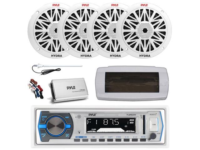 Pyle PLMRB29W Single DIN Bluetooth Marine MP3 AM/FM Stereo Receiver with White Cover, Long Range Antenna, Amplifier w/Kit, 4x 8'' 300W Max Full...