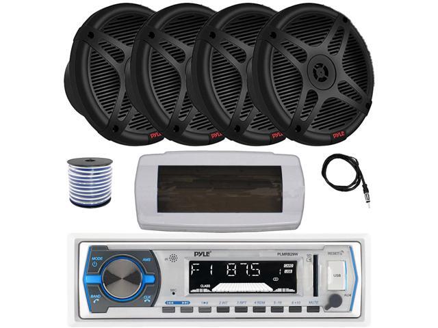 Pyle PLMRB29W Single DIN Bluetooth Marine MP3 AM/FM Stereo Receiver with White Cover, 22' Radio Antenna, Wire, 4x 6.5' 600 Watt Max 2-Way Full...