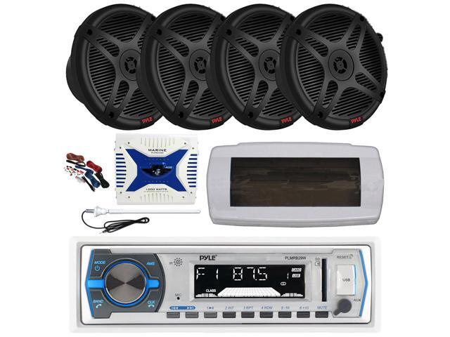 Pyle PLMRB29W Single DIN Bluetooth Marine MP3 AM/FM Stereo Receiver, White Cover, Long Range Antenna, Amplifier w/Kit, 4x 6.5' 600 Watt Max 2-Way...