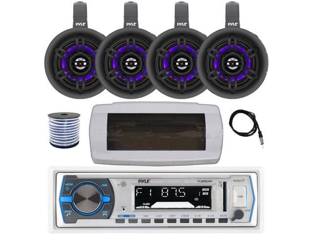 Pyle PLMRB29W Single DIN Bluetooth Marine MP3 AM/FM Stereo Receiver with White Cover, 22' Radio Antenna, Wire, 4x 4' 300W Max Bluetooth Waterproof...