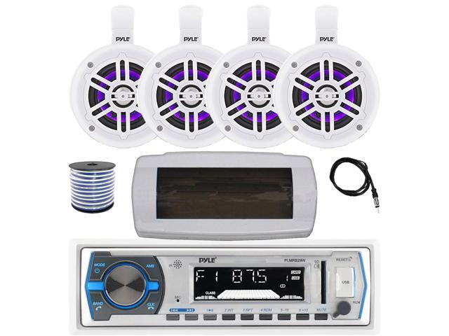 Pyle PLMRB29W Single DIN Bluetooth Marine MP3 AM/FM Stereo Receiver with White Cover, 22' Radio Antenna, Wire, 4x 4' 300W Max Bluetooth Waterproof...