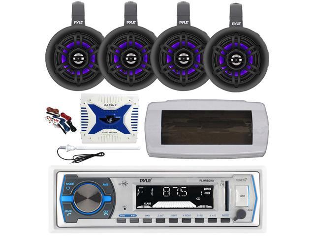 Pyle PLMRB29W Single DIN Bluetooth Marine MP3 AM/FM Stereo Receiver with White Cover, Long Range Antenna, Amplifier w/Kit, 4x 4' 300W Max Bluetooth...
