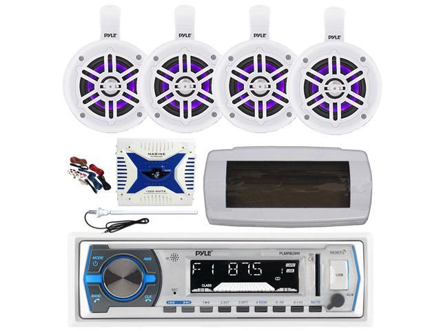 Pyle PLMRB29W Single DIN Bluetooth Marine MP3 AM/FM Stereo Receiver with White Cover, Long Range Antenna, Amplifier w/Kit, 4x 4' 300W Max Bluetooth...