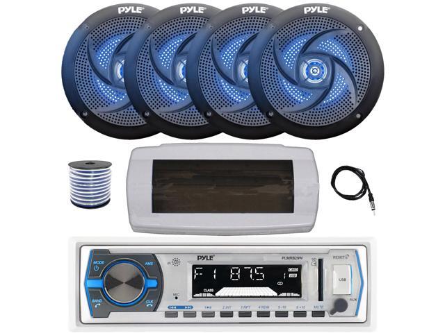 Pyle PLMRB29W Single DIN Bluetooth Marine MP3 AM/FM Stereo Receiver with White Cover, 22' Radio Antenna, Wire, 4x 4' 100 Watt Peak 2-Way Blue...