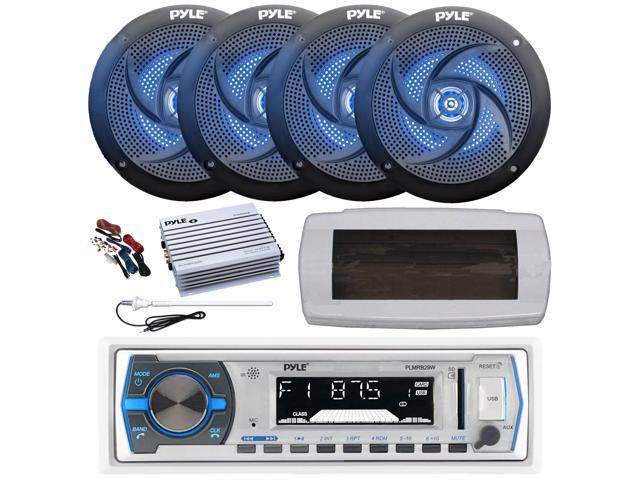 Pyle PLMRB29W Single DIN Bluetooth Marine MP3 AM/FM Stereo Receiver, White Cover, Long Range Antenna, Amplifier w/Kit, 4x 4' 100 Watt 2-Way Blue...