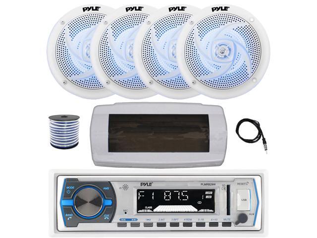 Pyle PLMRB29W Single DIN Bluetooth Marine MP3 AM/FM Stereo Receiver with White Cover, 22' Radio Antenna, Wire, 4x 5.25' 180 Watt Max 2-Way Blue...