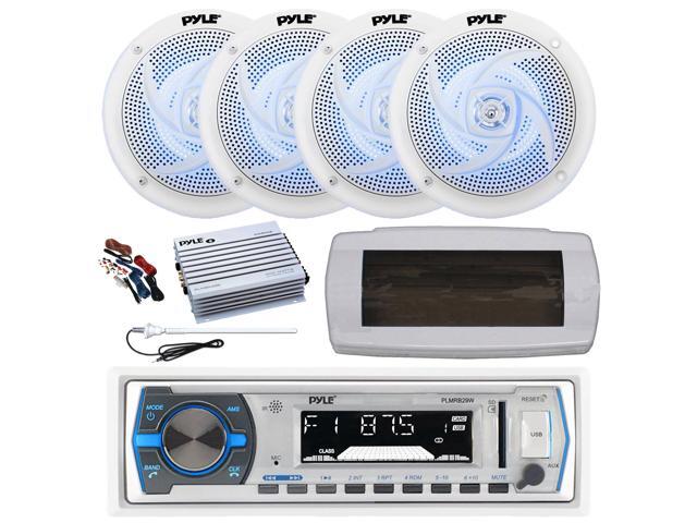 Pyle PLMRB29W Single DIN Bluetooth Marine MP3 AM/FM Stereo Receiver, White Cover, Long Range Antenna, Amplifier w/Kit, 4x 5.25' 180 Watt Max 2-Way ...