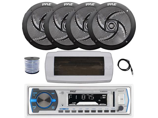 Pyle PLMRB29W Single DIN Bluetooth Marine MP3 AM/FM Stereo Receiver with White Cover, 22' Radio Antenna, Wire, 4x 5.25' 180 Watt Max 2-Way...