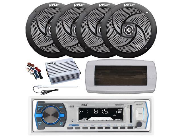 Pyle PLMRB29W Single DIN Bluetooth Marine MP3 AM/FM Stereo Receiver, White Cover, Long Range Antenna, Amplifier w/Kit, 4x 5.25' 180 Watt Max 2-Way...