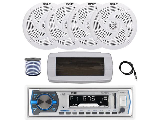 Pyle PLMRB29W Single DIN Bluetooth Marine MP3 AM/FM Stereo Receiver with White Cover, 22' Radio Antenna, Wire, 4x 6'' 240 Watt Max 2-Way Boat...