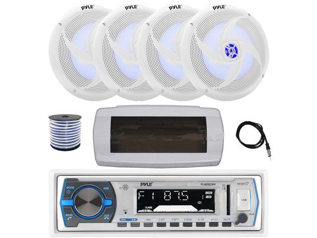 Pyle PLMRB29W Single DIN Bluetooth Marine MP3 AM/FM Stereo Receiver with White Cover, 22' Radio Antenna, Wire, 4x 8'' 320 Watt Max 2-Way Blue...