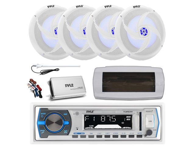 Pyle PLMRB29W Single DIN Bluetooth Marine MP3 AM/FM Stereo Receiver, White Cover, Long Range Antenna, Amplifier w/Kit, 4x 8'' 320 Watt Max 2-Way...