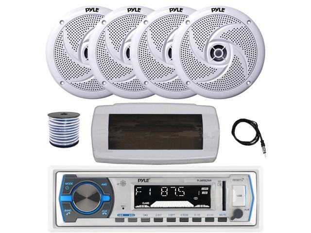 Pyle PLMRB29W Single DIN Bluetooth Marine MP3 AM/FM Stereo Receiver with White Cover, 22' Radio Antenna, Wire, 4x 8'' 320 Watt Max 2-Way Boat...