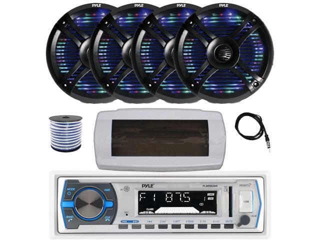 Pyle PLMRB29W Single DIN Bluetooth Marine MP3 AM/FM Stereo Receiver with White Cover, 22' Radio Antenna, Wire, 4x 6.5' 250 Watt Max 2-Way...
