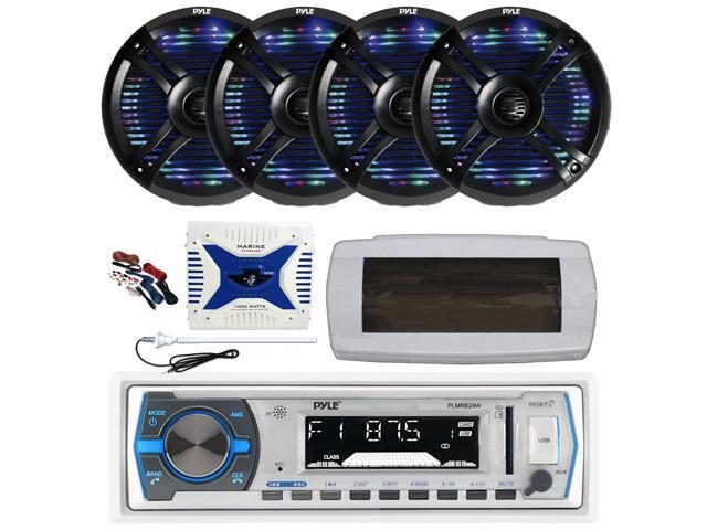 Pyle PLMRB29W Single DIN Bluetooth Marine MP3 AM/FM Stereo Receiver with White Cover, Long Range Antenna, Amplifier w/Kit, 4x 6.5' 250 Watt Max...