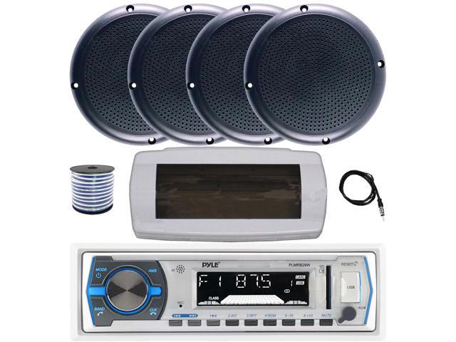 Pyle PLMRB29W Single DIN Bluetooth Marine MP3 AM/FM Stereo Receiver with White Cover, 22' Radio Antenna, Wire, 4x 5.25' 20 Watt Max Polycone Audio...
