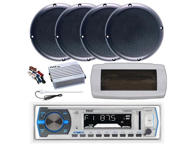 Pyle PLMRB29W Single DIN Bluetooth Marine MP3 AM/FM Stereo Receiver with White Cover, Long Range Antenna, Amplifier w/Kit, 4x 5.25' 20 Watt Max...
