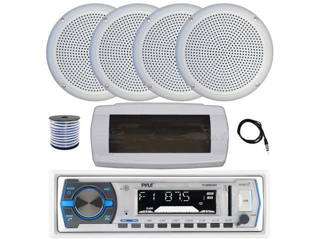 Pyle PLMRB29W Single DIN Bluetooth Marine MP3 AM/FM Stereo Receiver with White Cover, 22' Radio Antenna, Wire, 4x 5.25' 20 Watt Max Polycone Audio...