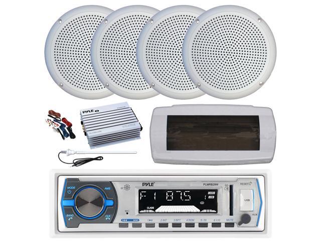 Pyle PLMRB29W Single DIN Bluetooth Marine MP3 AM/FM Stereo Receiver with White Cover, Long Range Antenna, Amplifier w/Kit, 4x 5.25' 20 Watt Max...
