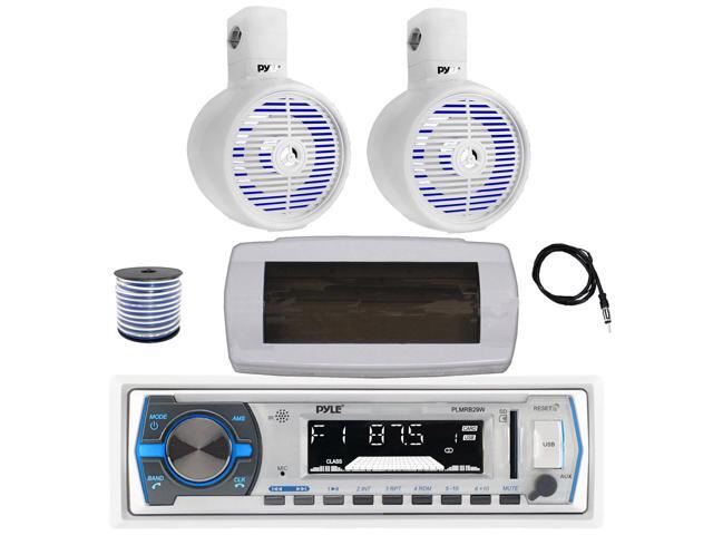 Pyle PLMRB29W Single DIN Bluetooth Marine MP3 AM/FM Stereo Receiver with White Cover, 22' Radio Antenna, Wire, 2x 6.5' 200 Watt Max Power...