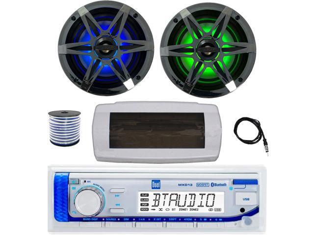 Dual MXD13 Single DIN Bluetooth Marine MP3 AM/FM Stereo Receiver with White Cover, 22' Radio Antenna, Wire, 2x 6.5' 120 Watt Peak Multicolor LED...
