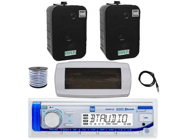 Dual MXD13 Single DIN Bluetooth Marine MP3 AM/FM Stereo Receiver with White Cover, 22 Radio Antenna, Wire, 2x 5.25 400W Max Indoor/Outdoor...