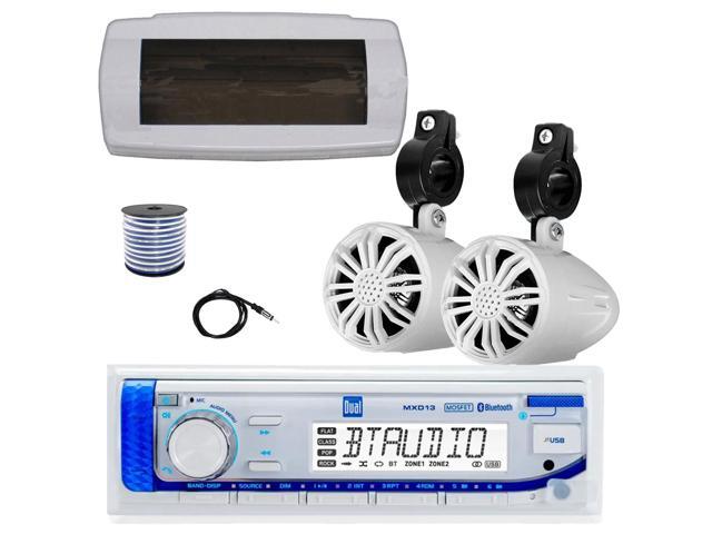 Dual MXD13 Single DIN Bluetooth Marine MP3 AM/FM Stereo Receiver with White Cover, 22' Radio Antenna, Wire, 2x 2.25' 10W Max Full Range Waterproof...