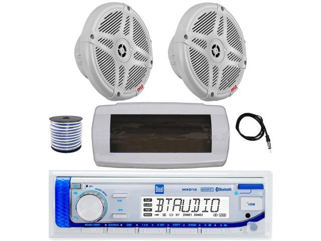 Dual MXD13 Single DIN Bluetooth Marine MP3 AM/FM Stereo Receiver with White Cover, 22' Radio Antenna, Wire, 2x 6.5' 600 Watt Max 2-Way Full Range...